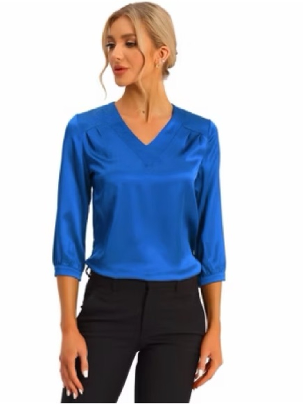 Blue V-Neck Satin Blouse - Women's Elegant Top